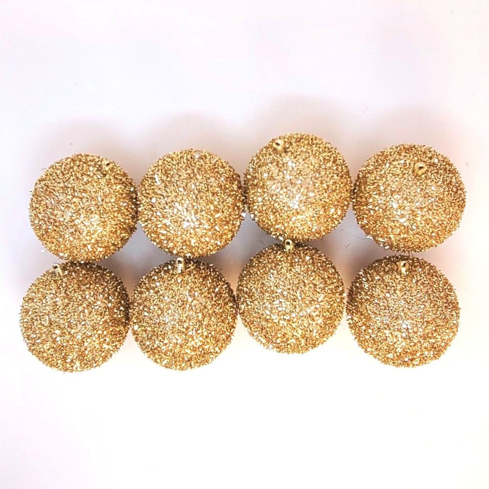 4 inch Gold Tinsel Christmas Ball Ornaments Lot of 8 (1 w/o hanger) Blingy